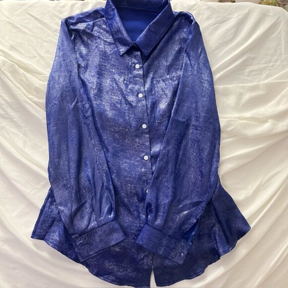 SHEIN Metallic Shimmer Button Down Blouse Blue L - Picture 1 of 7